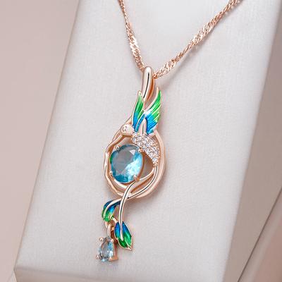 Colorful Enamel Peacock Pendant Necklace For Women  Rose Gold Color Blue Natural Zircon Accessories Daily Jewelry