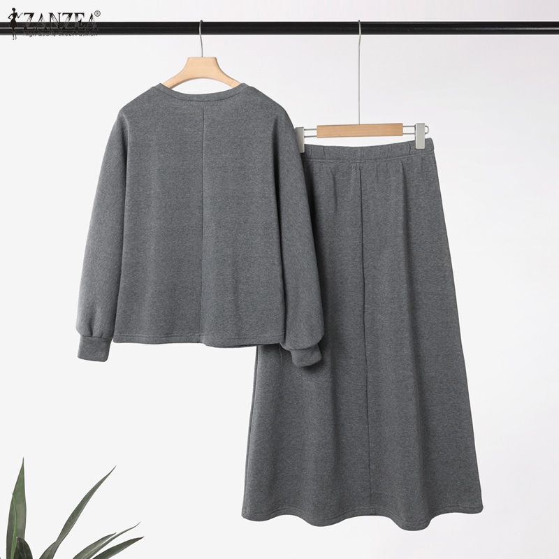 ZANZEA Damen Langarm Sweatshirts und Lange Röcke Herbst Zweiteilige Anzugsets