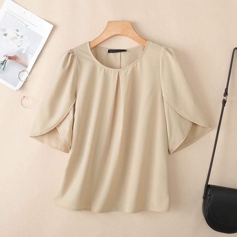 

ZANZEA Женская повседневная однотонная блузка с круглым вырезом и коротким рукавом XL