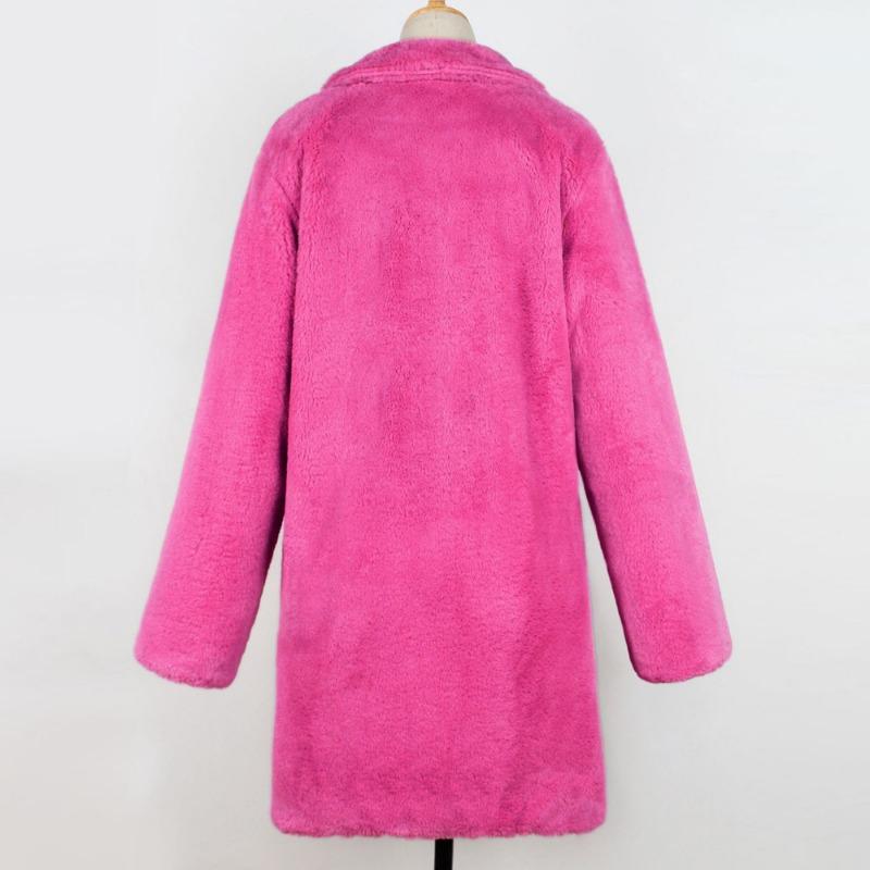 Damen Hellrosa Kunstpelzmantel Reverskragen Mittellang Winter Warm Teddyjacke