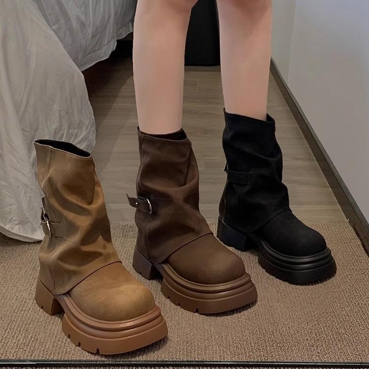 Soft Leather Version~ Trouser Boots Women's 2025 Early Autumn New Fashion Popular Foreign Style Retro Thick Heel Fried Street Locomotive Boots