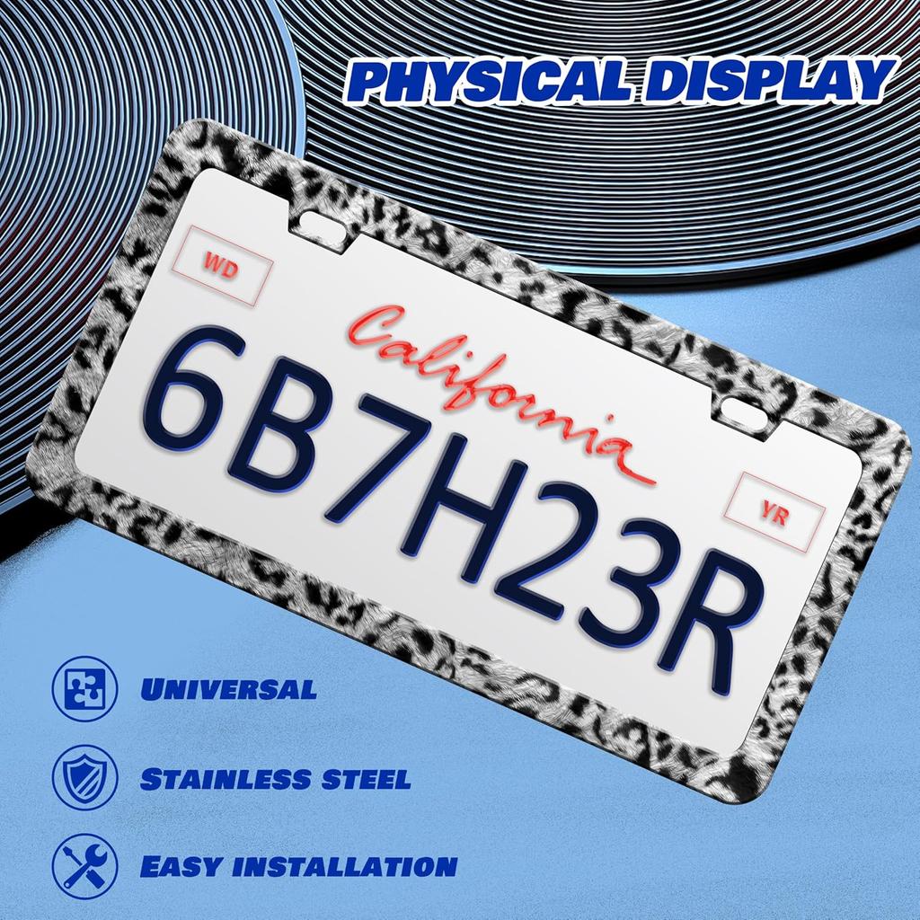Grey Black Leopard Print License Plate Frame Cheetah License Plate Frames Personalise Stainless Steel Funny Design Compatible With Standard License