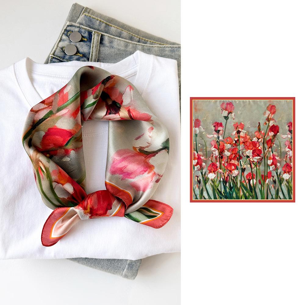 Top Women 100% Silk Scarfs Fashion Bright Flowers Color 50CM Small Sqare Scarfs Neck Decorative Wrap Printed Party Scarves