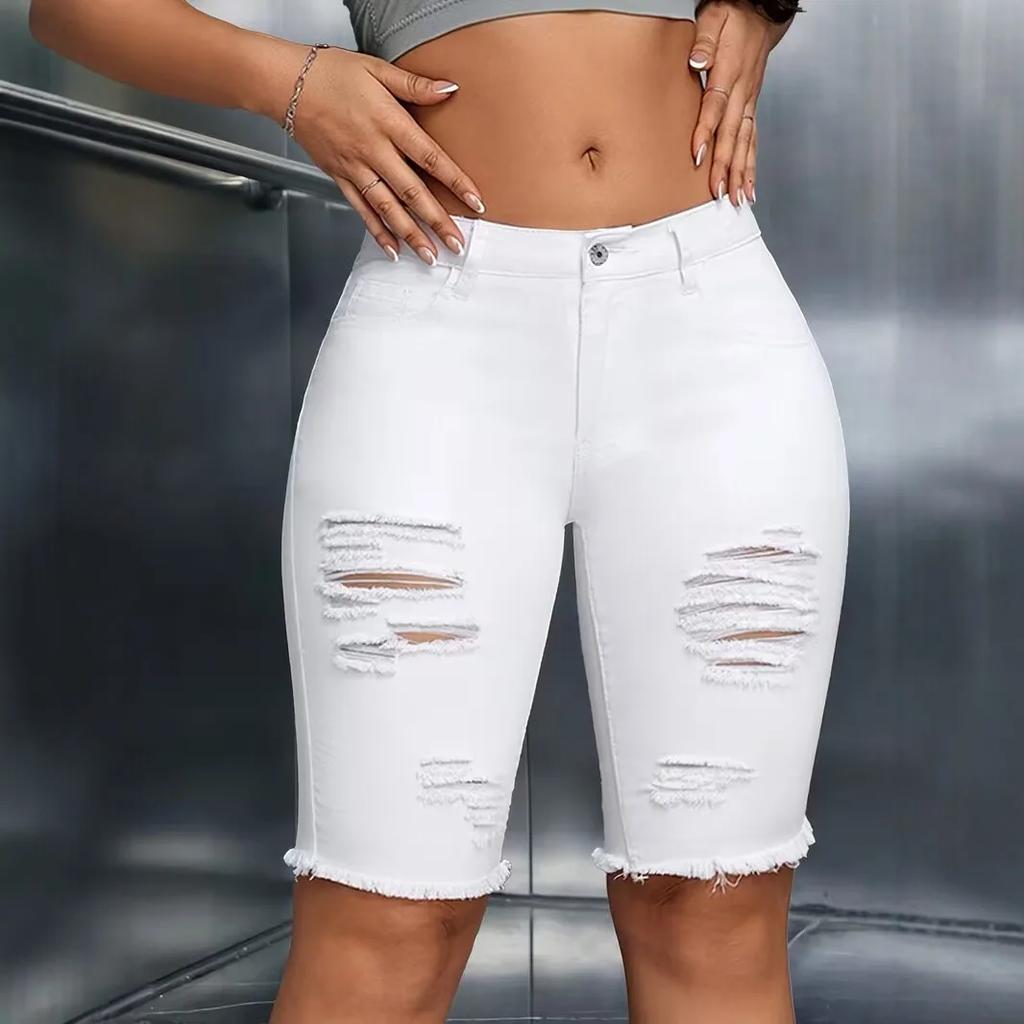Hohe Taille Denim Shorts Damen Sommer Schlanke Passform Lochstanzung Radhosen Street Style Trendige Baumwolle Elastische Jeansshorts