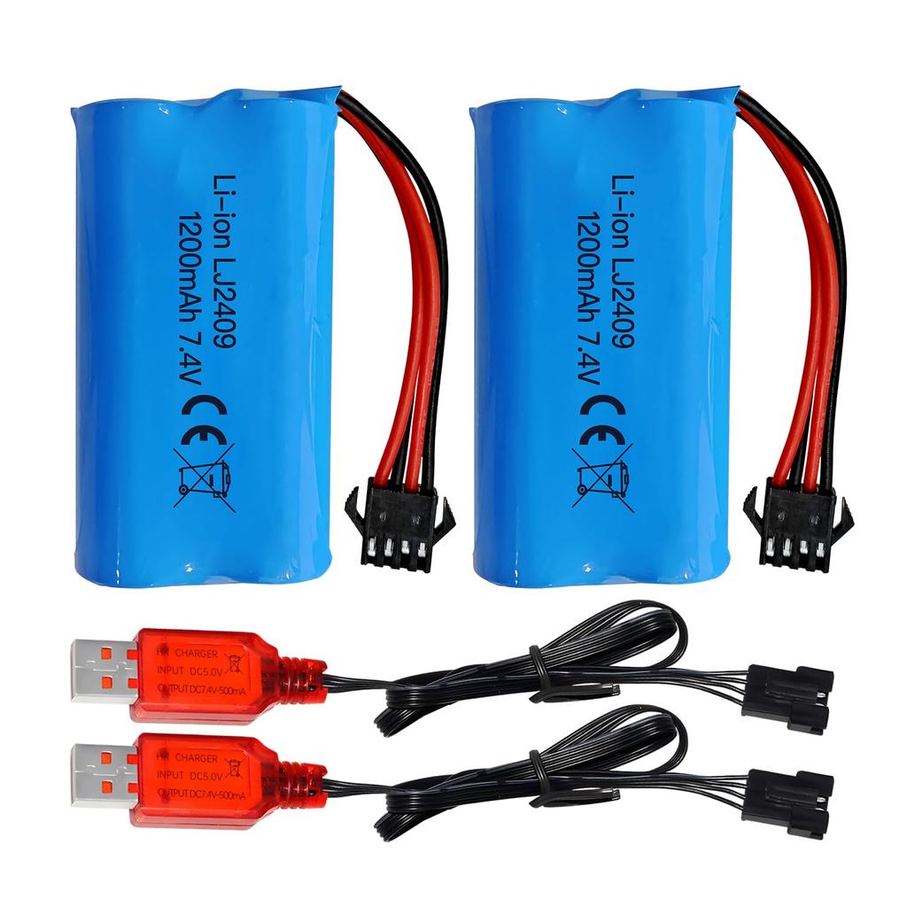 2PCS 7.4V 1200mAh SM-4P Plug Rechargeable Battery with USB Charging Cable for EC08 RC Toy Car Model, Off-Road Vehicle, Hill Climbing, Drifting,