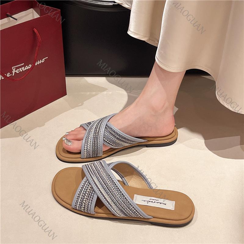 Fashion Bohemian Flat Bottom Woven Cross Strap Slippers Color Blocking Sandals Slipper for Outside Wear Soft Sole Versatile Beach Shoes