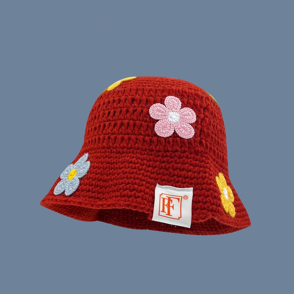 Hook Flower Colorful Gradient knittingWoolen Hat Women's Autumn and Winter Cute Handmade Plush Hat Knitted Fisherman Bucket Hats