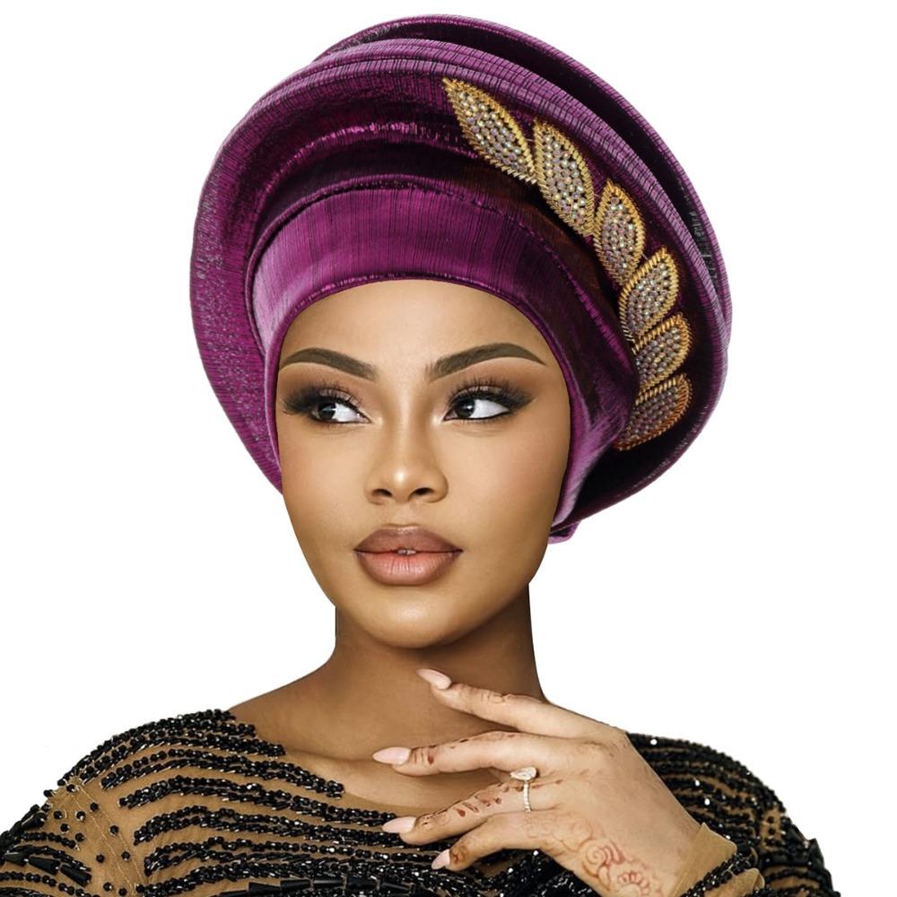 Lightweight Spiral Beret Turbans Leaves Diamonds Turban Nigeria Headpiece For Women фиолетовый