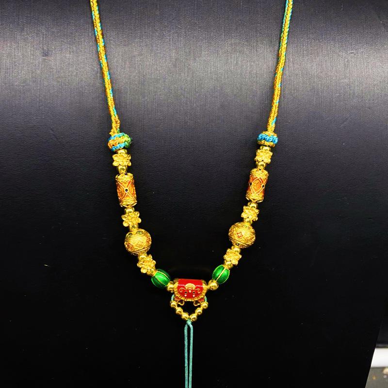 Tibetan Handmade Thangka Pendant Rope Necklace with Amber Charm