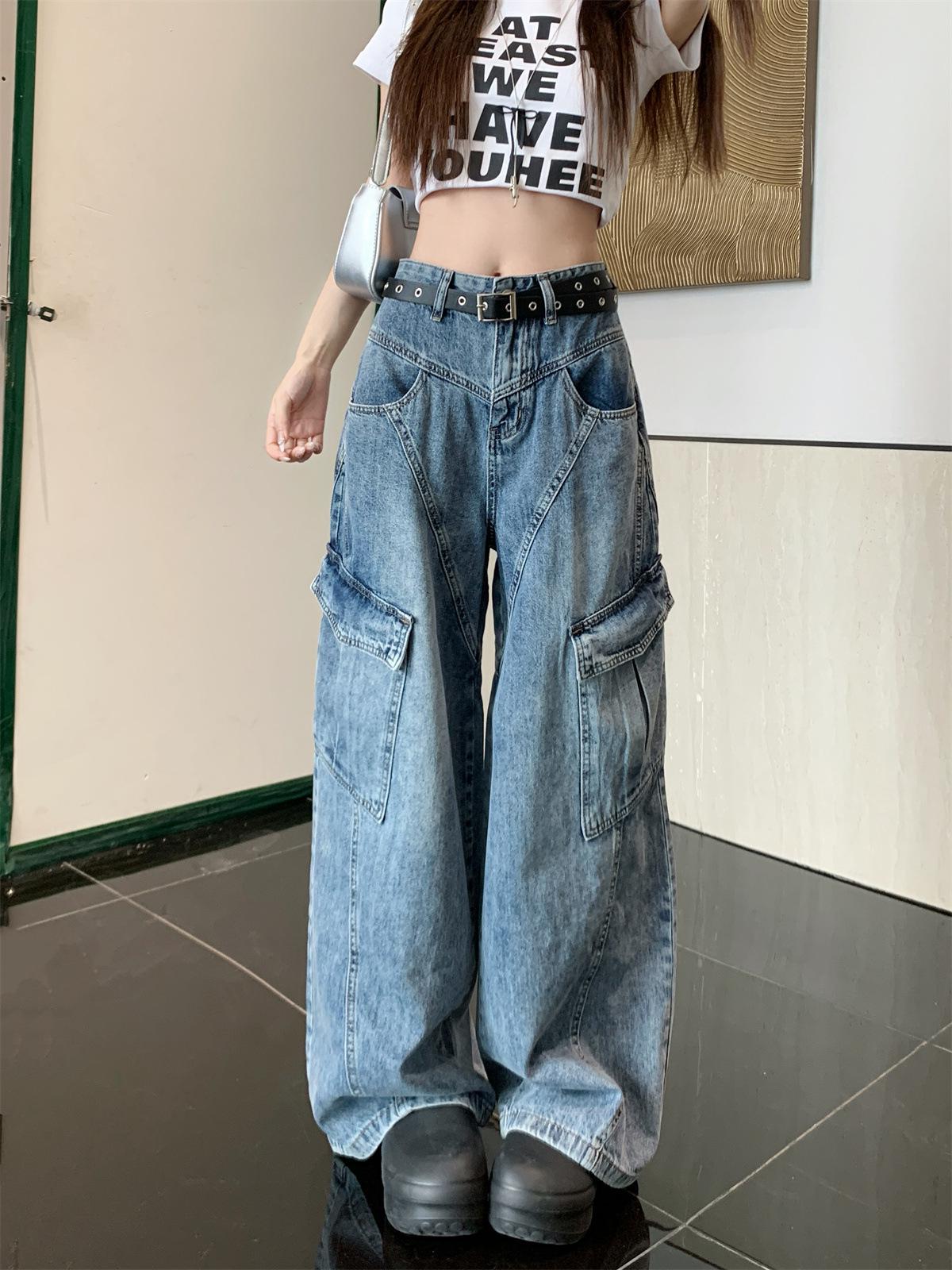 Summer 2025 Women s Retro Patchwork Wide-Leg High-Waisted Cargo Jeans XLarge