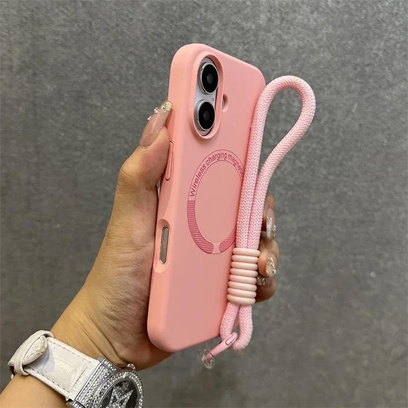 Apple 16 Magnetische Vloeibare Siliconen Telefoonhoes met Lanyard voor iPhone 15 Pro Max - Huidachtige Volledige Bedekking