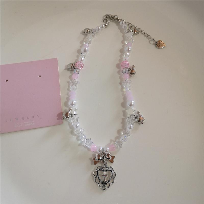 

Готический милый Y2K из нержавеющей стали с бантом в форме сердца, розовый крест, кулон из бисера, жемчуг, змея, цепочка, ожерелье для Egirl, 2000s, эмо, аксессуары