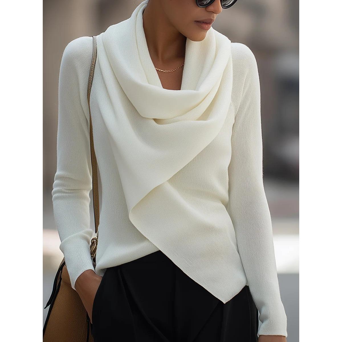 Women s Draped Cowl Neck Asymmetric Hem Long Sleeve Solid Knit Pullover Sweater Top XS белый