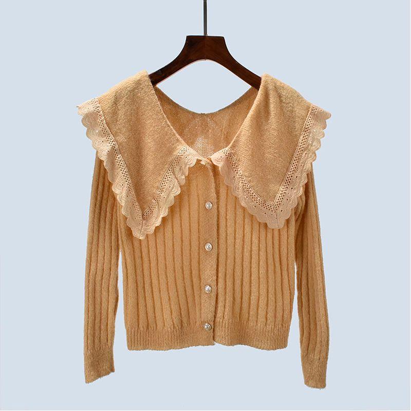 Autumn Doll Collar Pure Color Knitting Sweater Breasted Cardigan Jacket Long-Sleeved Loose and Lazy Style Women's Clothing