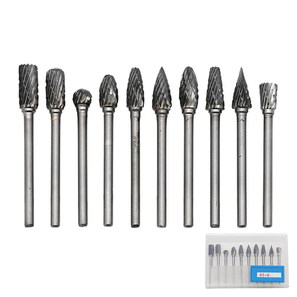 10pcs Rotary File Grinding Head Set Engraving Milling Cutter Head Tungsten Steel Double-Cut Grinding Heads Rotary Tools