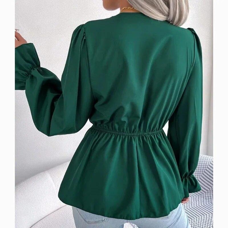 Herbst Vintage V-ausschnitt Spitze Frauen Hemd Lässig Feste Flare Hülse Tops Büro Damen Dünne Spitze-up Elegante Bluse frau 29594