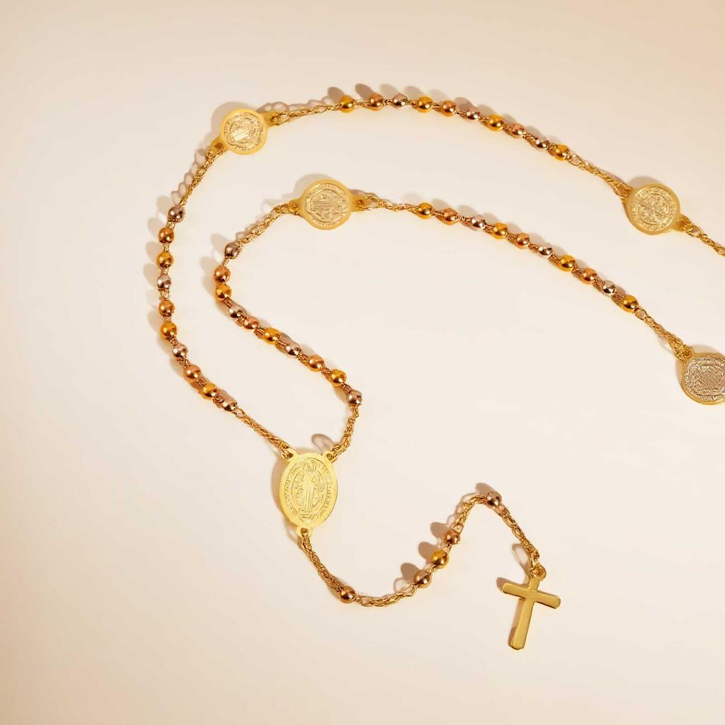 Drei Farben Rosenkranz Beten Kreuz Heiliger Benedikt Halsketten für Frauen, Edelstahl Vergoldet Perlenförmig Y-förmige Halskette Schmuck