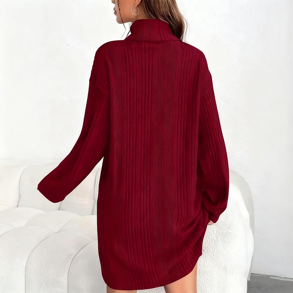 Women's Loose And Comfortable Warm Ribbed High-Neck And Long Sleeve Dress