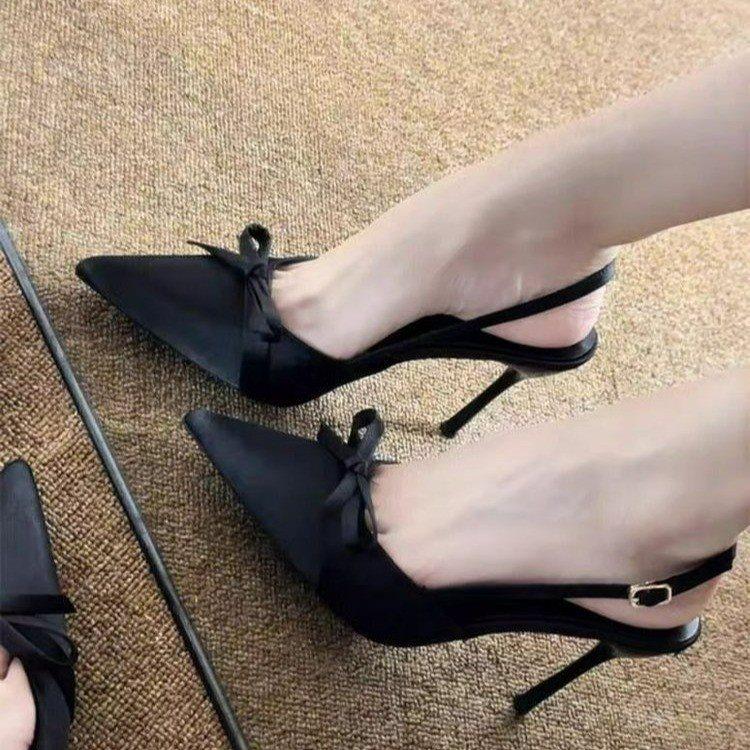 

Pointed single shoes high heels women s thin heels temperament sandals spring and summer bag head empty new satin bow 34 чорний