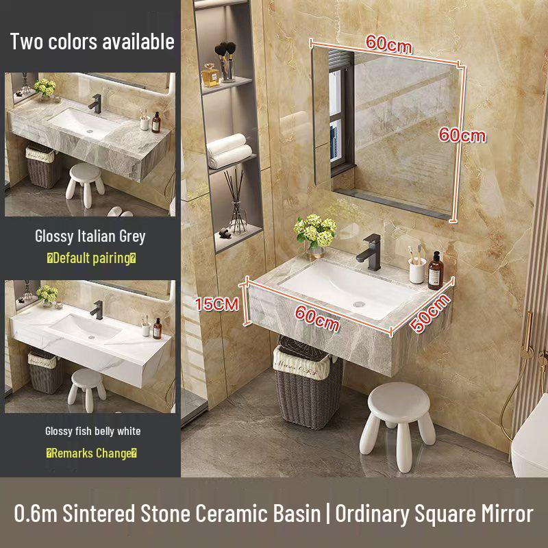 Modern Minimalist Sintered Stone Washbasin Set with Seamless Ceramic Sink, Bathroom Cabinet, and Mirror Storage Cabinet