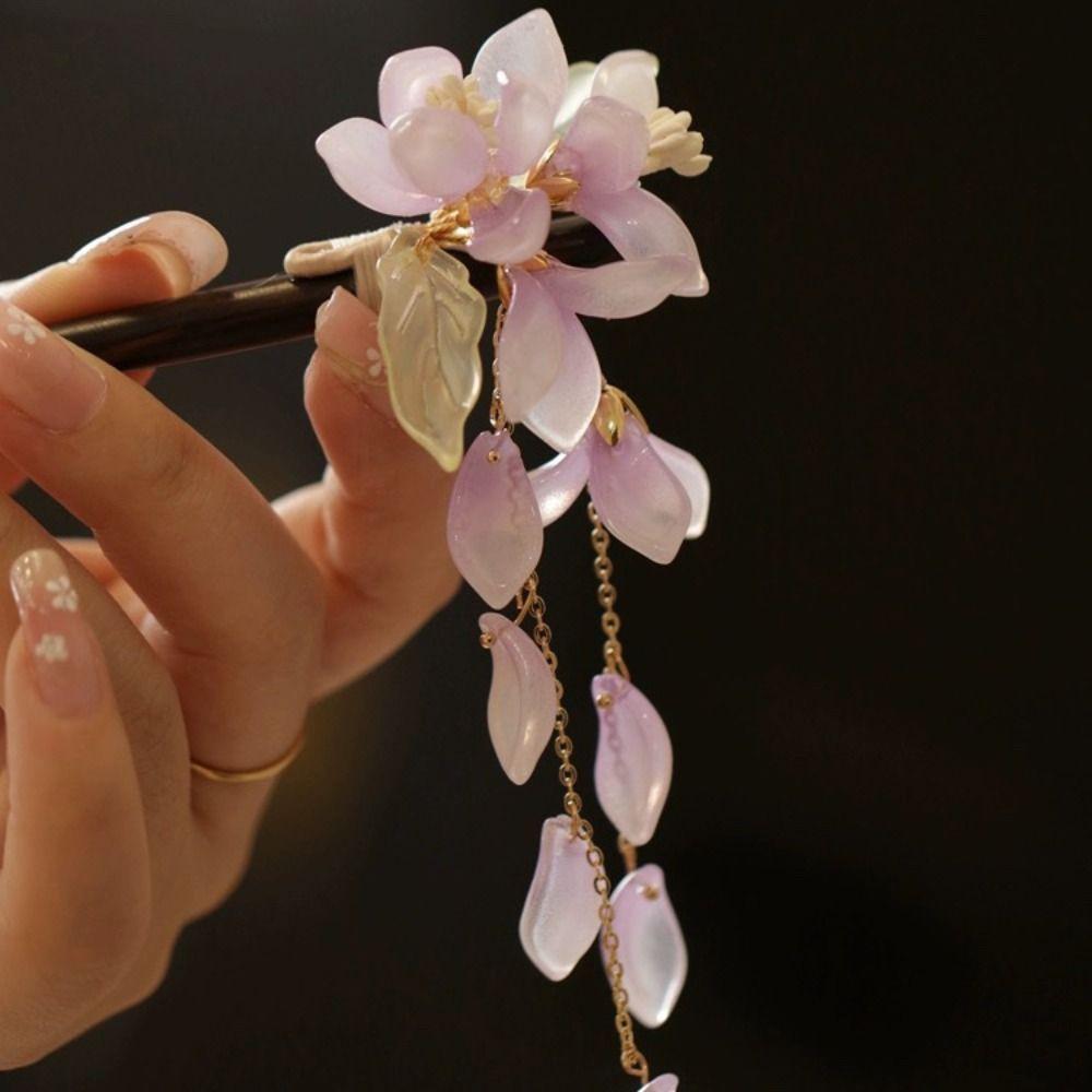 Flower Wooden Hair Stick Tassel Hanfu Hairpin Classical   For Girl