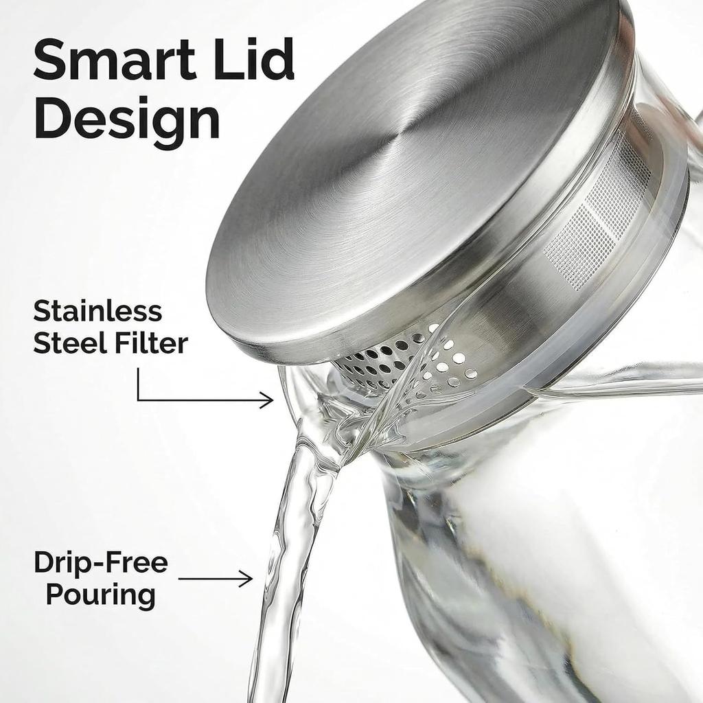 Glass Water Pitcher, 2 Liter/68 oz Square Glass Pitcher with Lid and Handle, Clear Heat Resistant Glass Water Jug Carafe Juice Container for Hot Tea
