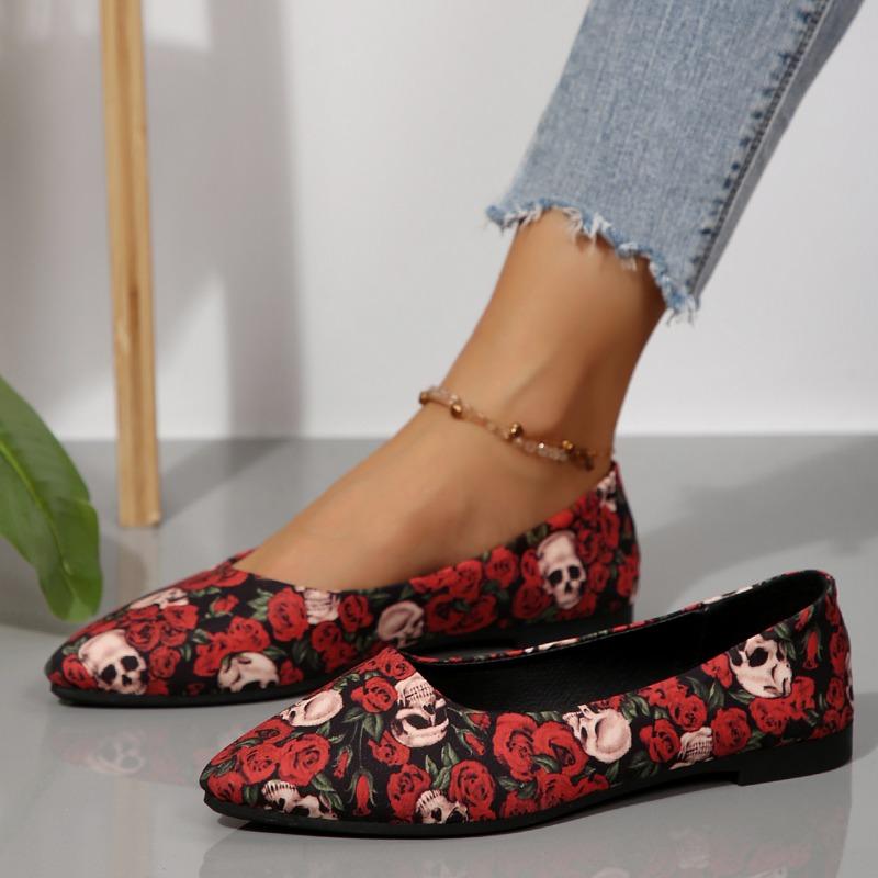 Fashion Women's Fashion Flat Shoes Autumn New Pointed Head Shallow Mouth Cloth Surface Printed Soft Sole Non-slip Low Top Shoes