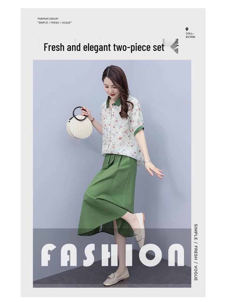 Women's Summer 2025 Floral Ramie Two-Piece Suit: Age-Reducing Top and Skirt Set