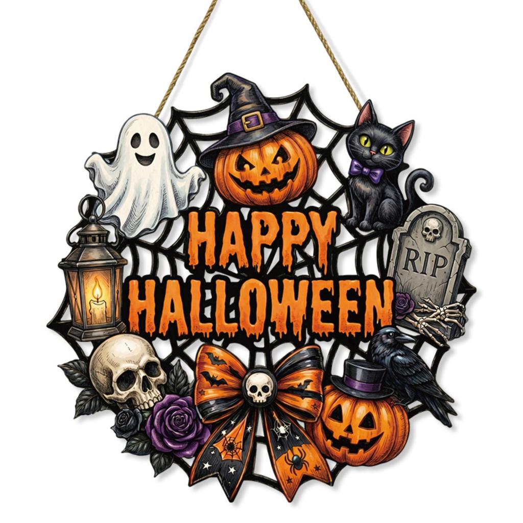 Wooden Halloween Hanging Sign with Spider Web Pumpkin Ghost Cat Skull and Bow for Indoor Outdoor Party Wall Decoration