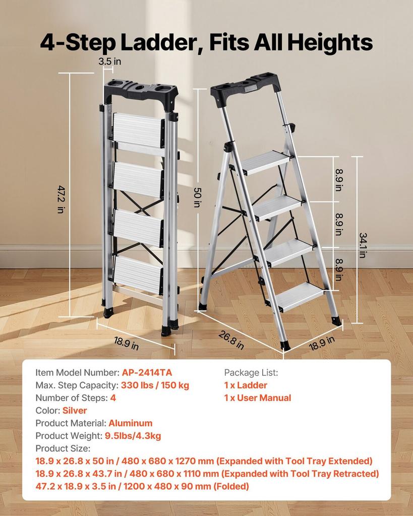 4 Step Ladder, Folding Step Stool with Wide Anti-Slip Pedal and Comfort Handgrip, 150 kg Capacity Portable Aluminum Stepladder, Multi-Use for Kitchen,