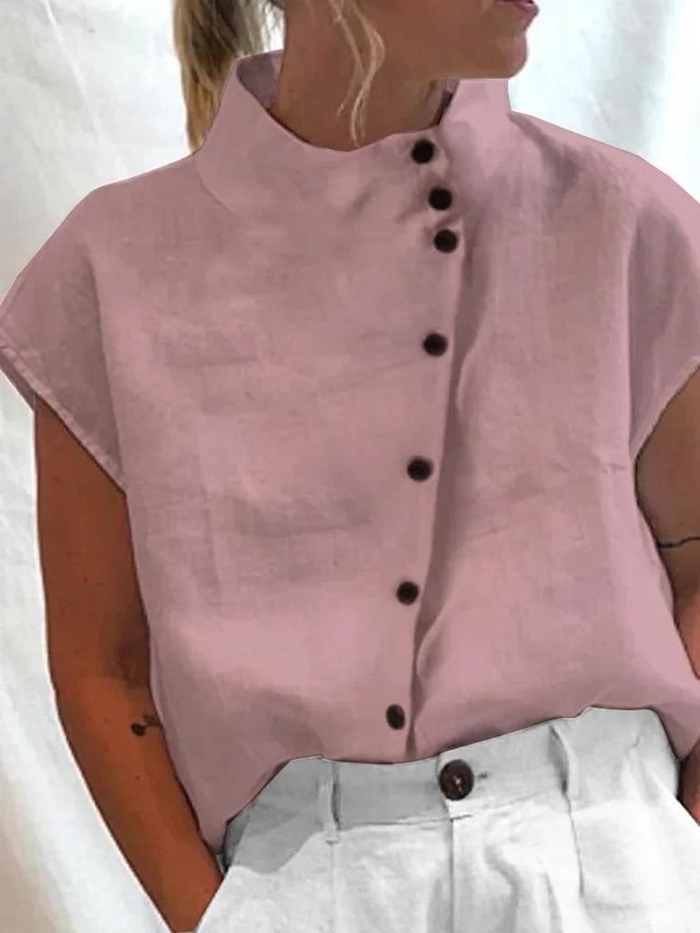New Trendy Stand Collar Women's Short-Sleeve Button-Up Shirt