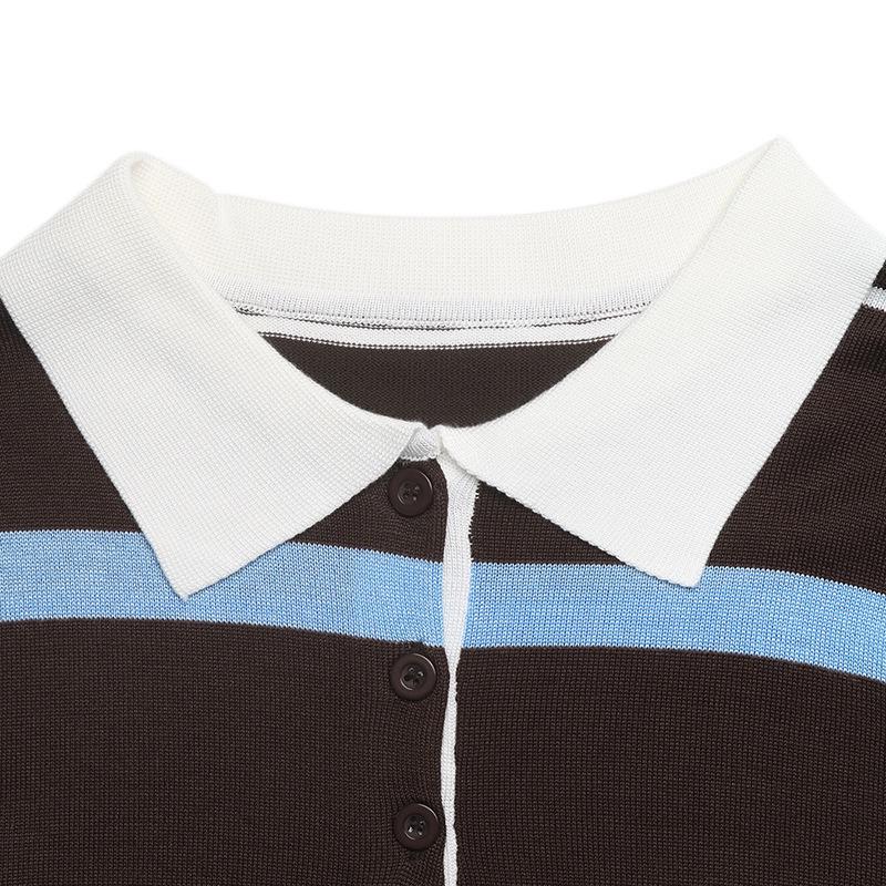 2026 A/W Retro Maillard Color Block Striped Polo Sweater