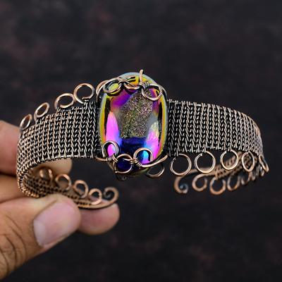 Titanium Druzy Cuff Bracelet Copper Wire Wrapped Adjustable Bangle Handmade Copper Jewelry Gemstone Cuff Wire Wrap Jewelry Engagement Gifts
