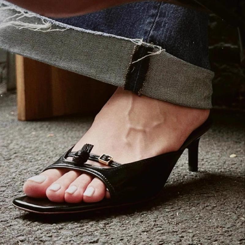 Fashion Sexy Leopard Kitten Heel Slippers Women Fashion Square Toe Buckle Slide Sandals Luxury Designer Brand Sandals Zapatos Para Mujer