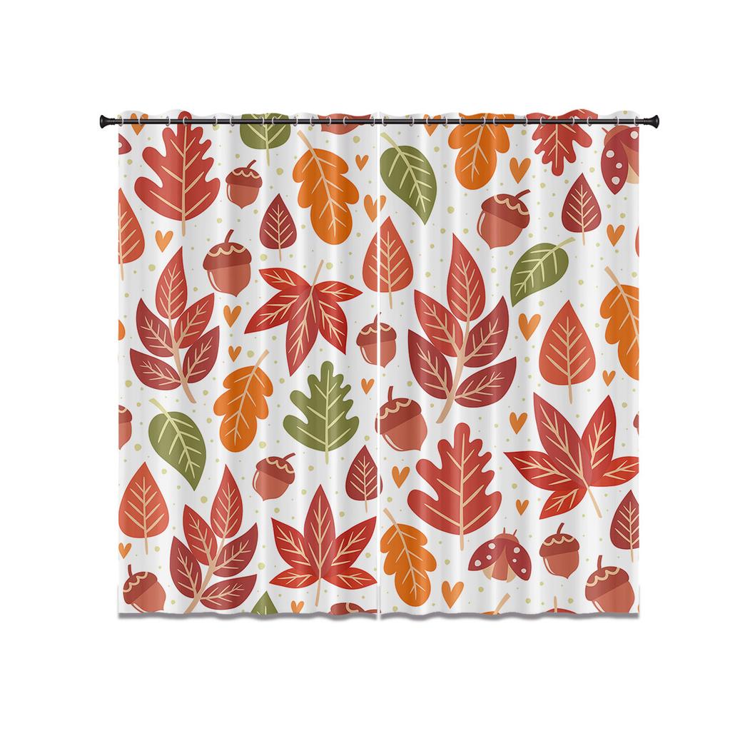 2pcs Autumn Leaf Print Perforated Blackout Curtains Multiple Size Living Room Bedroom Insulation Decoration   Easy Installation