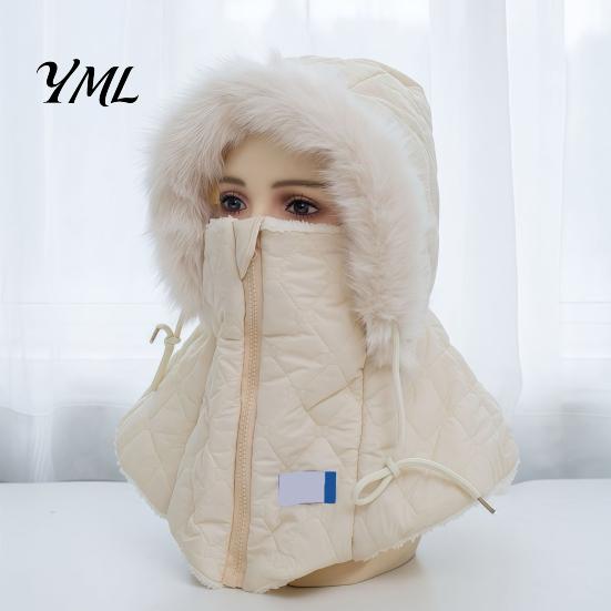Breathable Zipper Face Cover Cap Women Winter Balaclava Hat, Quilted Mask Hood Closure, Fuzzy Trim, Windproof Ski with Fleece Lined, Warm Hat for Cold