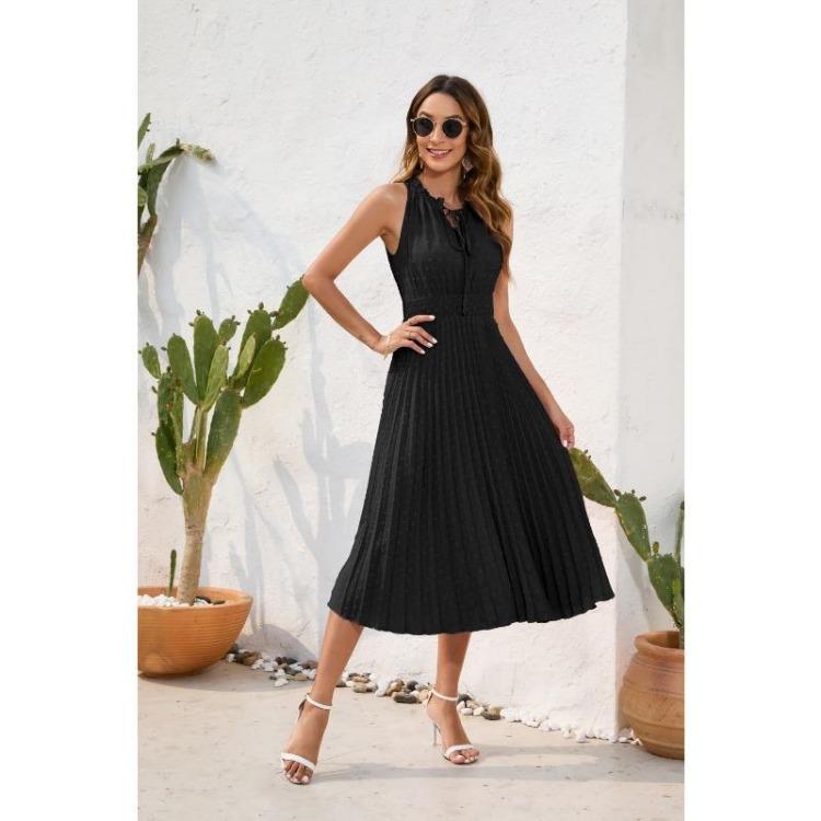 Summer Casual Holiday Dress Women Lace up High Waisted Pleated Ball Sleeveless S чёрный