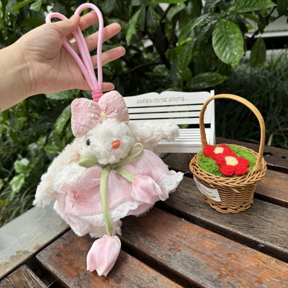 Bow Knot Plush Rabbit Keychain Princess Pearl Dress Rabbit Doll Keyring  Backpack Decor