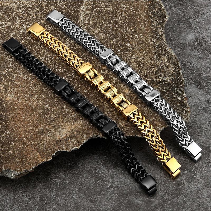 Punk Stainless Steel Motorcycle Chain Bracelets Men Never Fade Gold Color Wide Wristband Rider Bangles Jewelry Luxury Male Gifts
