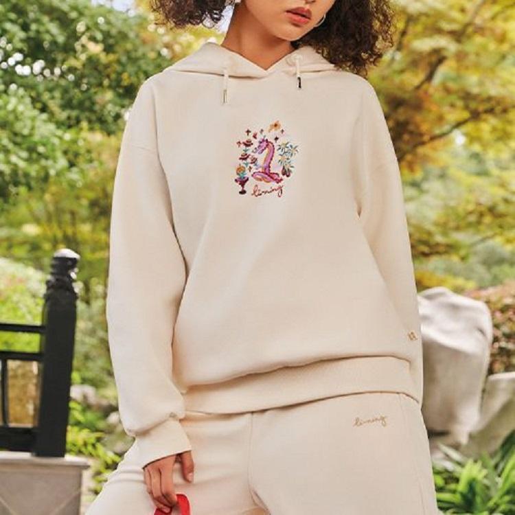 Li Ning Daily Prosperity Series Letter Print Embroidered Hoodie Women Hoodies Off-White AWDU032-5
