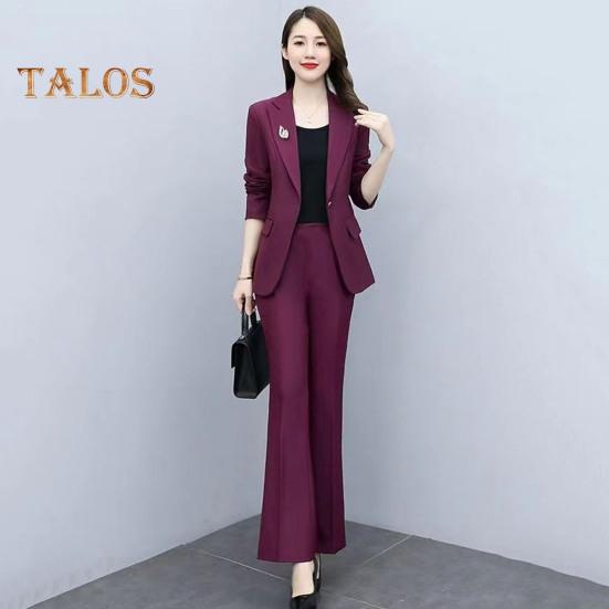 2 buc./set haină formală pentru damă, pantaloni, guler răsturnat, mâneci lungi, costum jachetă, slim fit, culoare pură, pantaloni evazați, îmbrăcăminte zilnică, ținută pentru navetă, birou