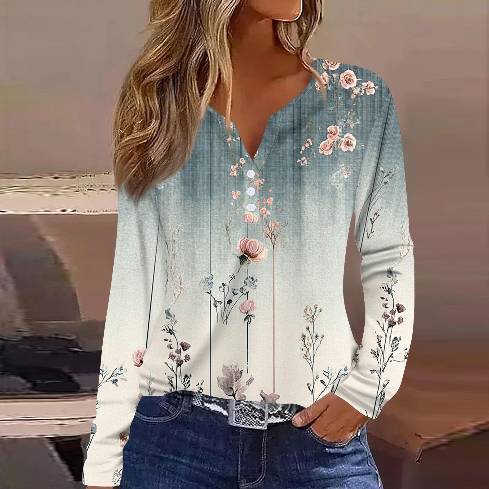 Жен Футболка Футболка С принтом Пуговицы Длинный рукав Повседневные Выходные Мода Классический V-образный вырез Обычный Верх XXL 1467₽