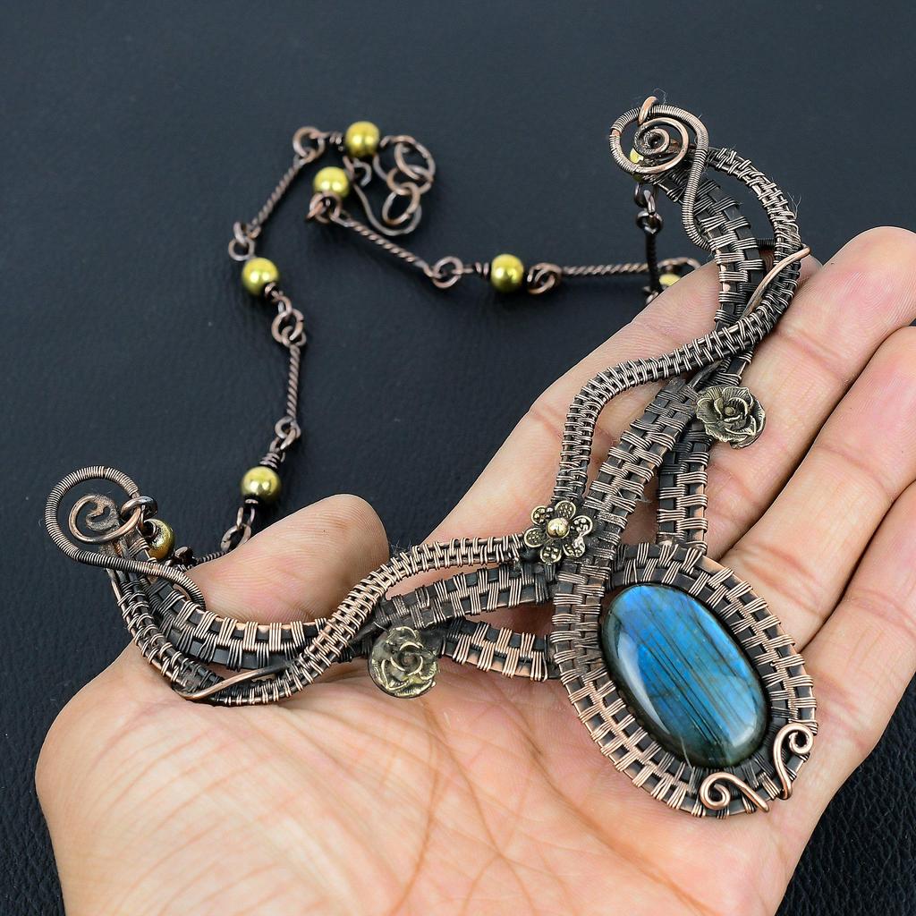 Labradorite Necklace Handmade Jewelry, 999 Copper Wire Wrapped Necklace Designer Gemstone Jewelry Adjustable Chain Necklace Gift For Mom