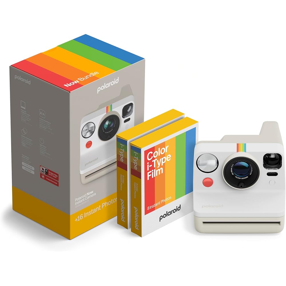 POLAROID Now 3rd Generation I-Type Instant Camera + Film Bundle - Pebble White Camera + 16 Color Photos (6561)