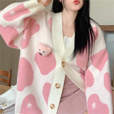 Women's Korean Style Bear Design Color Block Knit Cardigan - Soft, Loose, and Slimming for Autumn and Winter