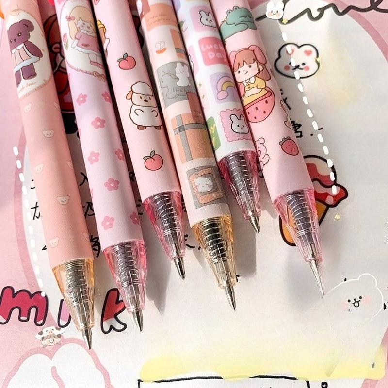 4Pcs Cute Cartoon Design Ballpoint Pen 0.5mm Writing Neutral Pen Press Type Rollerball Pen Learning Office Supplies
