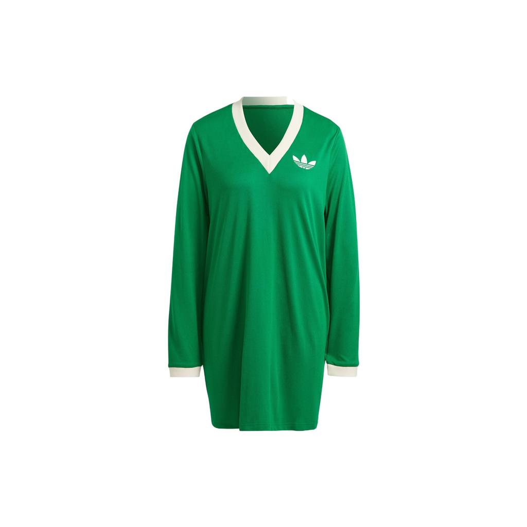 Adidas Originals Solid Logo V-Neck Pullover Long Sleeve Dress Women Dresses Green IB2051