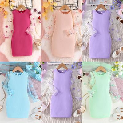 Girls Dress Spring and Autumn Children Clothing Mesh Sleeves Fashion Girl Baby Knitted Crew Neck Dresses for 4 5 6 7 Years Old