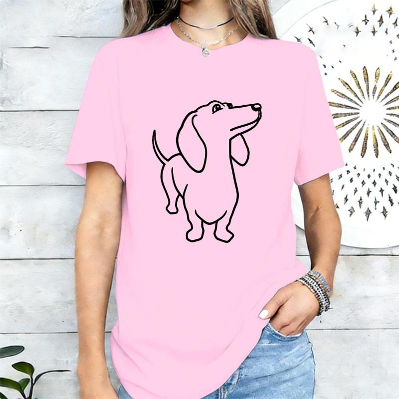 Simplified Line Sausage Dog Print Tshirt Loose Versatile Round Neck Short Sleeve Top Tshirt