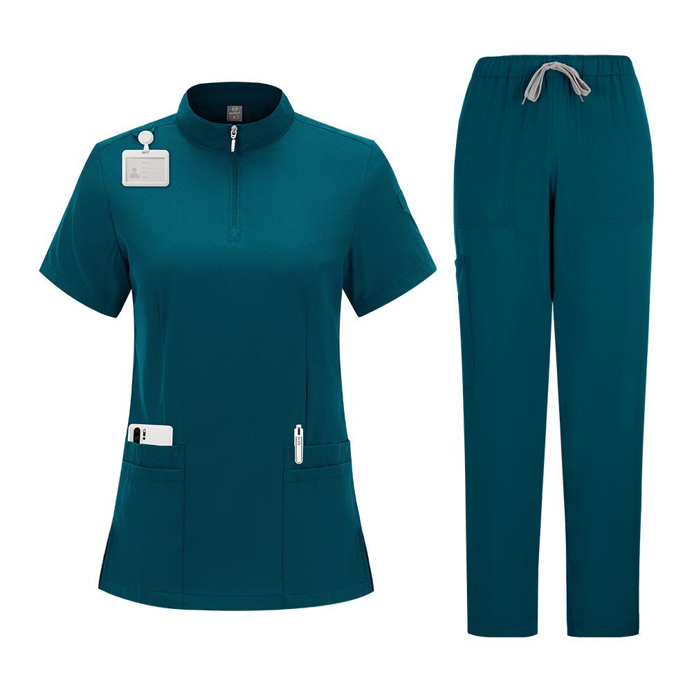 Elastic Zipper Scrub Suit with Stand-up Collar for Medical Professionals